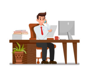 Business man sitting at an office desk reading a paper and answering a phone call. 